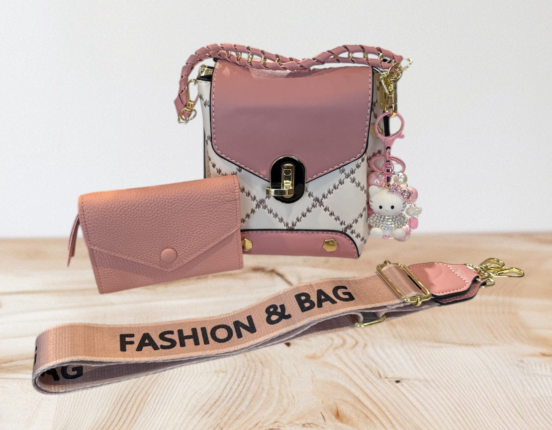 Pink purse and wallet with crossbody strap