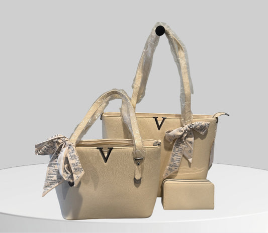 Cream purse with Crossbody and wallet.