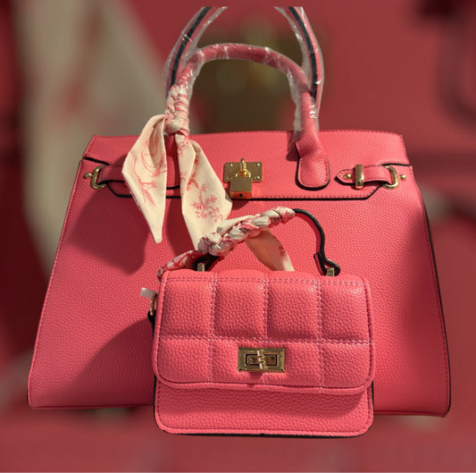 Pink purse with mini purse, cross body for both and matching wallet